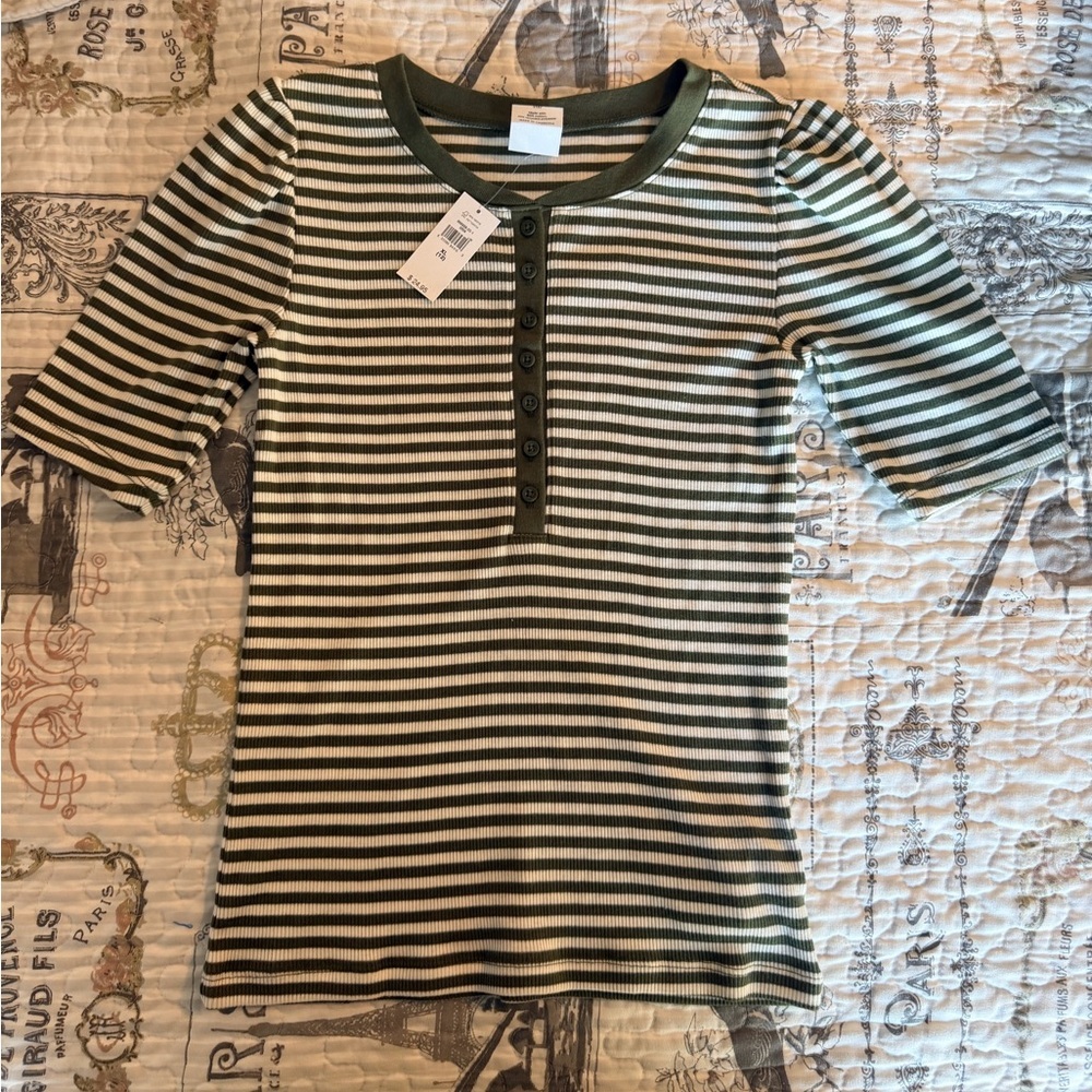 NWT GAP Kids Henley Top XL 12 Green Stripe Short Sleeve Ribbed Shirt